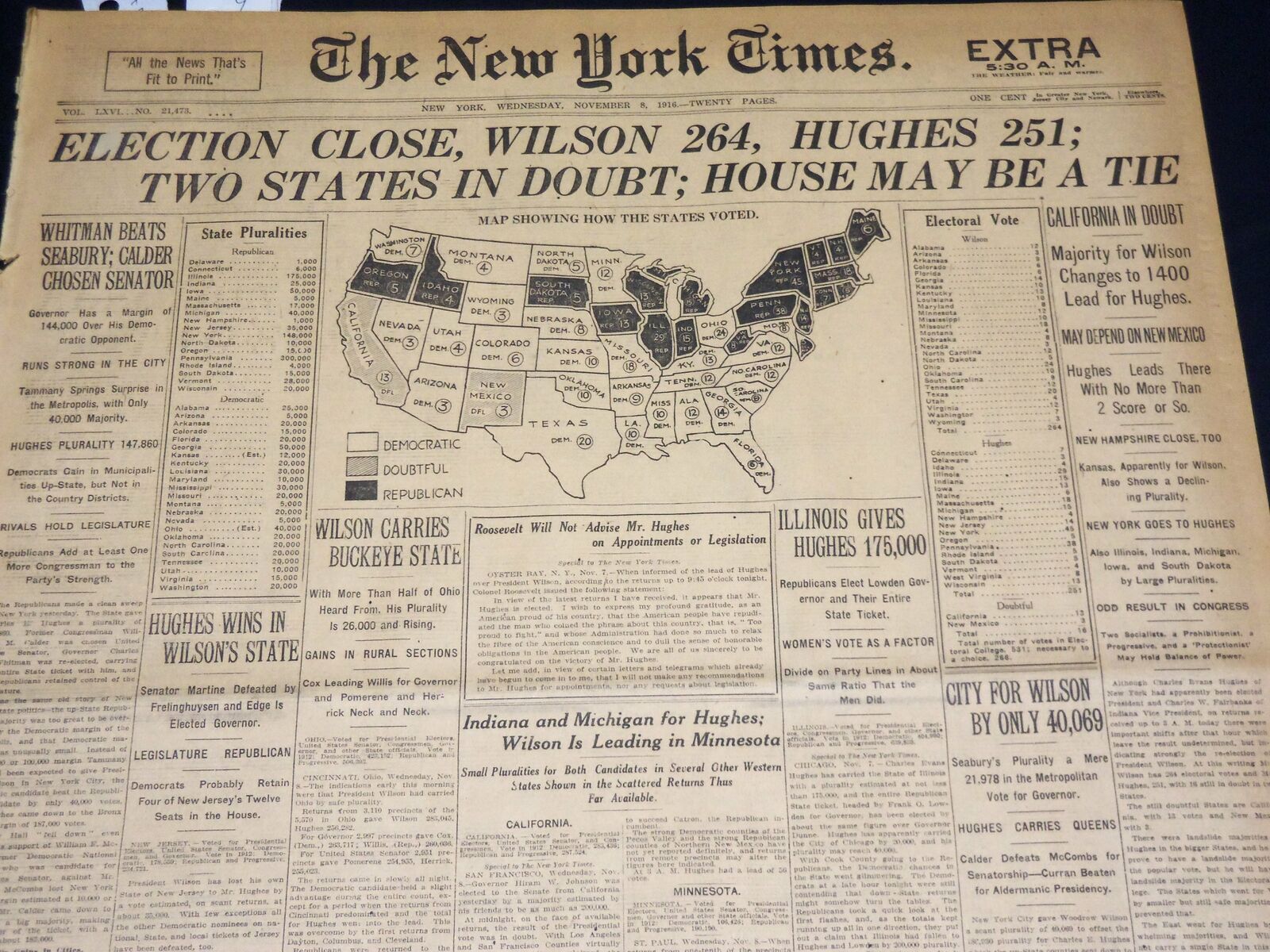 1916 NOVEMBER 8 NEW YORK TIMES - ELECTION CLOSE WILSON 264 HUGHES 251 - NT 7687