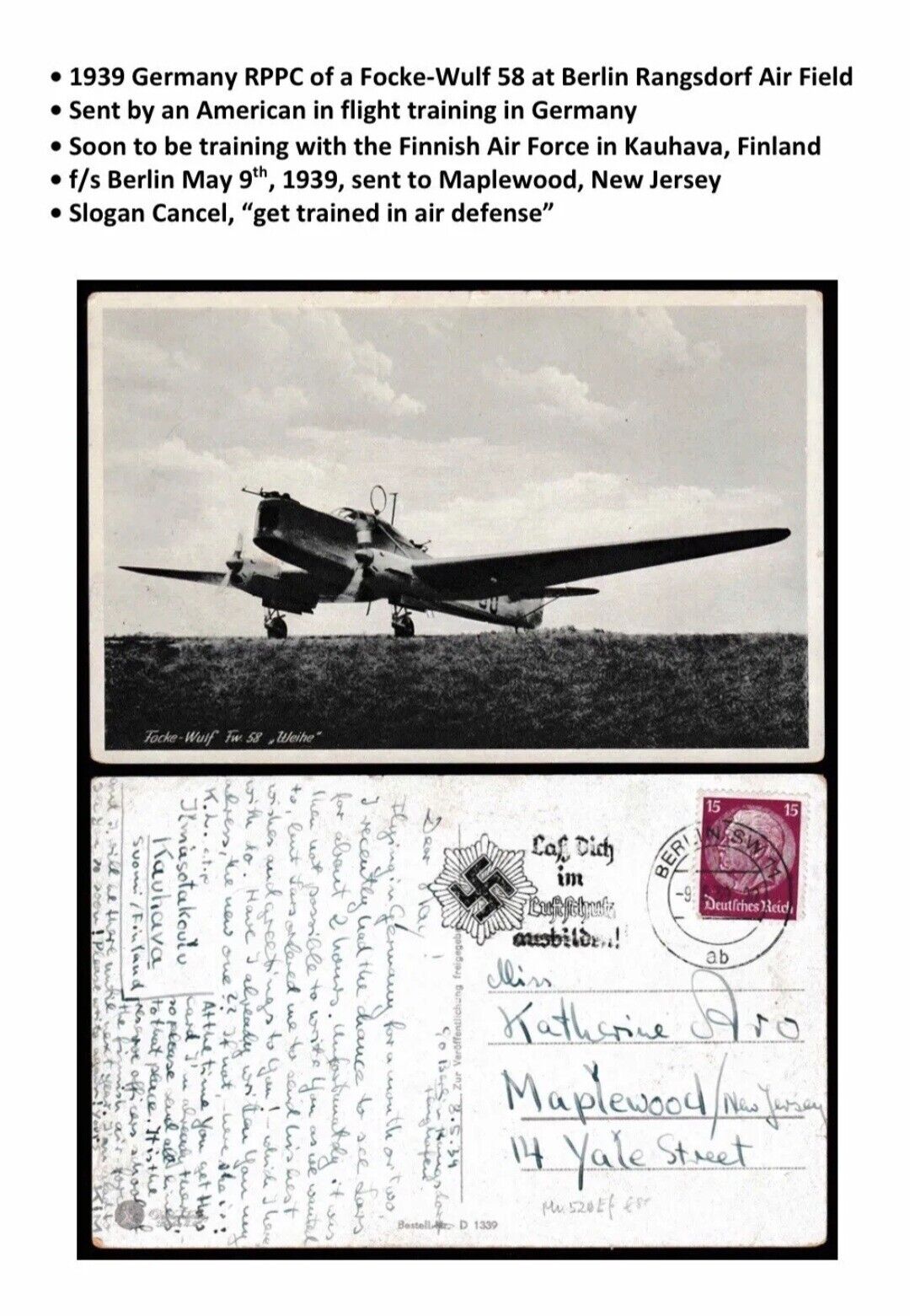 RPPC Focke Wulf FW58 American Pilot Flight Training Berlin Germany Pre War 1939