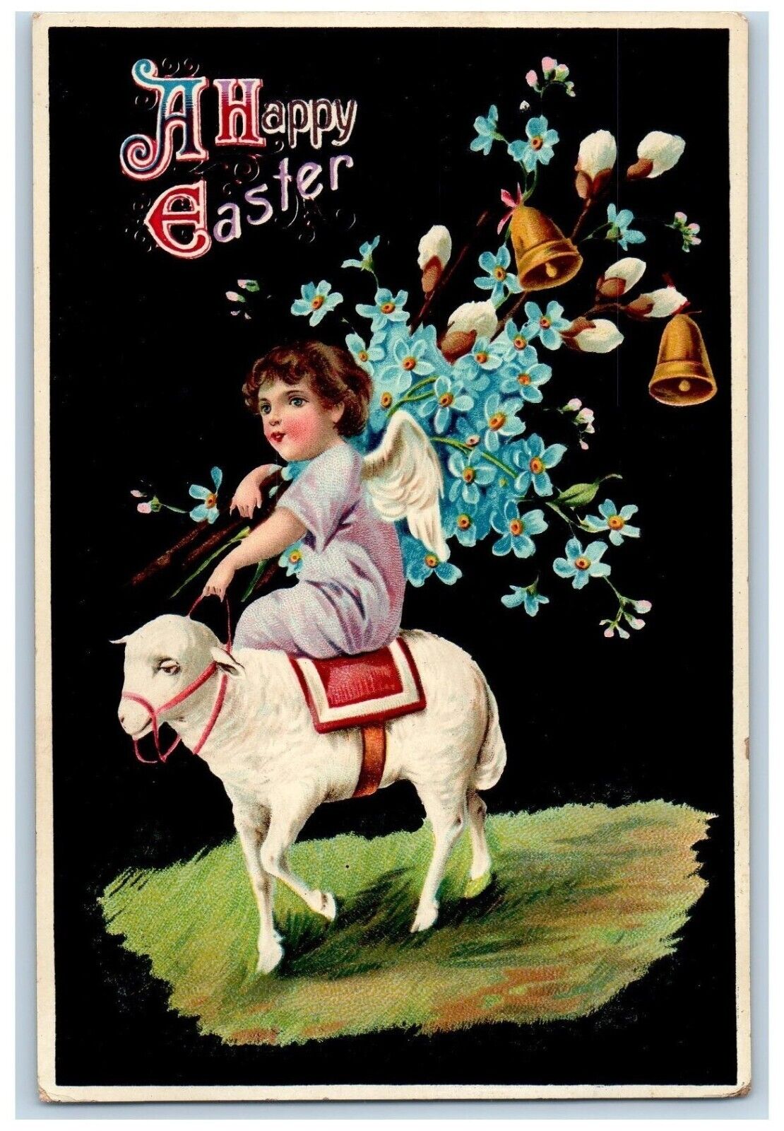 c1910\'s Easter Angel Riding Lamb With Pipe Berry Pansies Bells EAS Gel Postcard