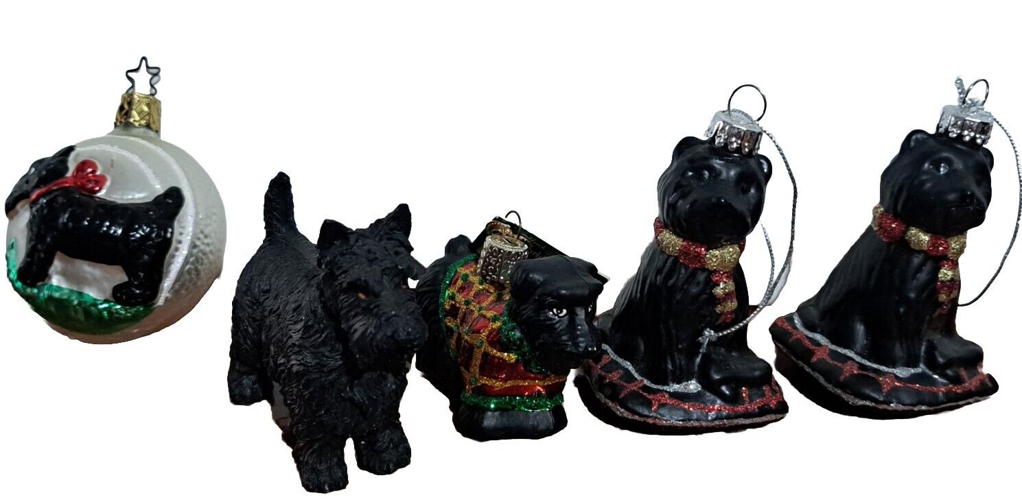 5 Black Scotty Scottish Terrier Dog Ornaments Glass Resin 4\
