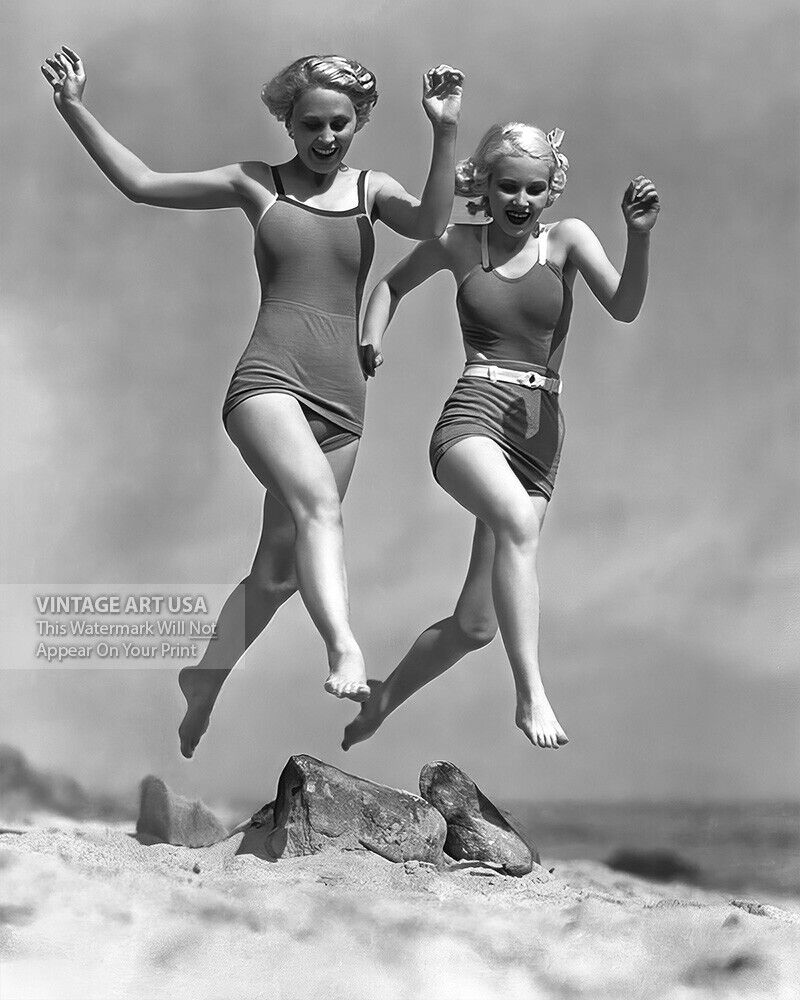 1930s Actresses Running on the Beach - 1933 Publicity Photo - Vintage Swimsuits