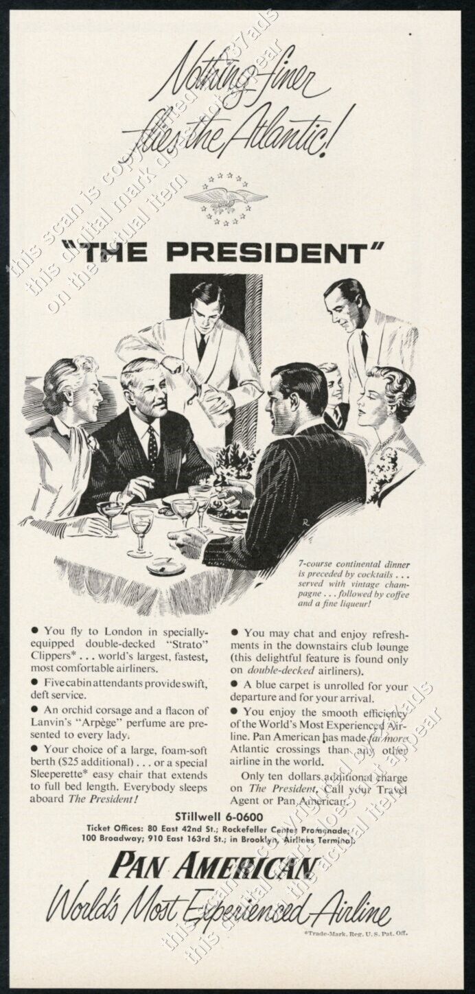 1951 Pan Am airlines The President first class flight vintage print ad