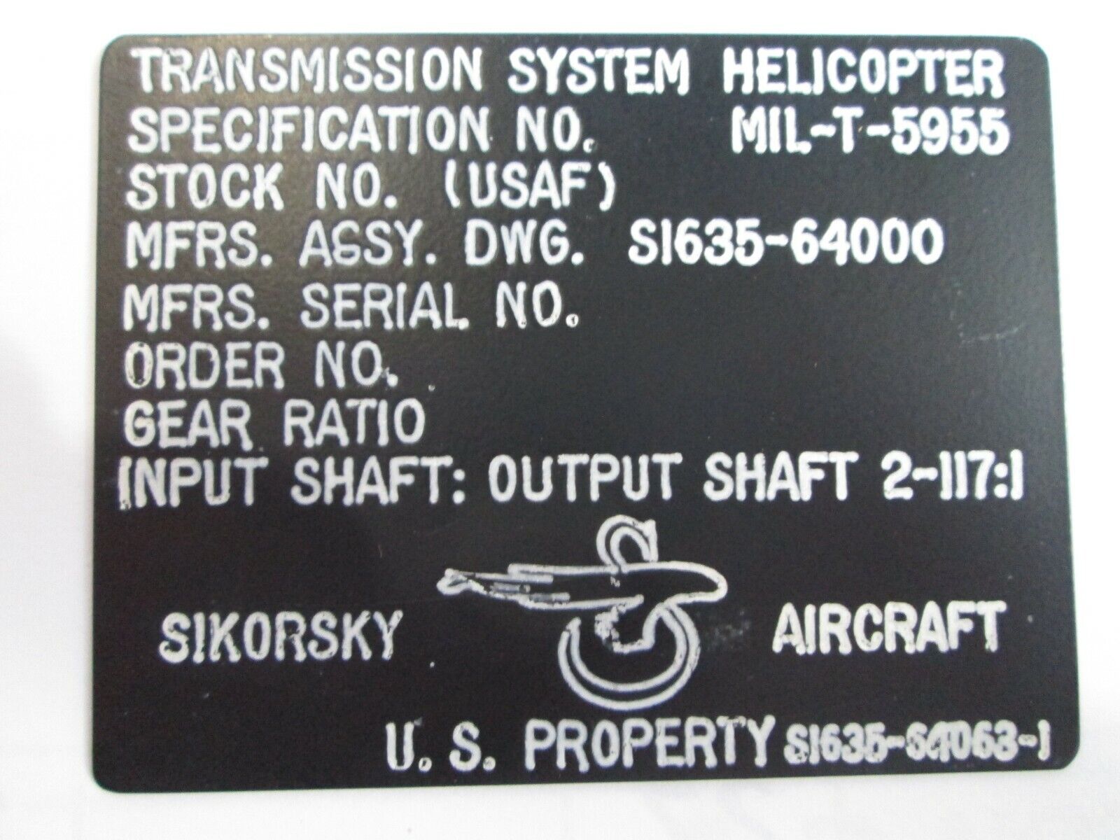 Sikorsky Aircraft Name Plate P/N S1635-64063-1 New Surplus