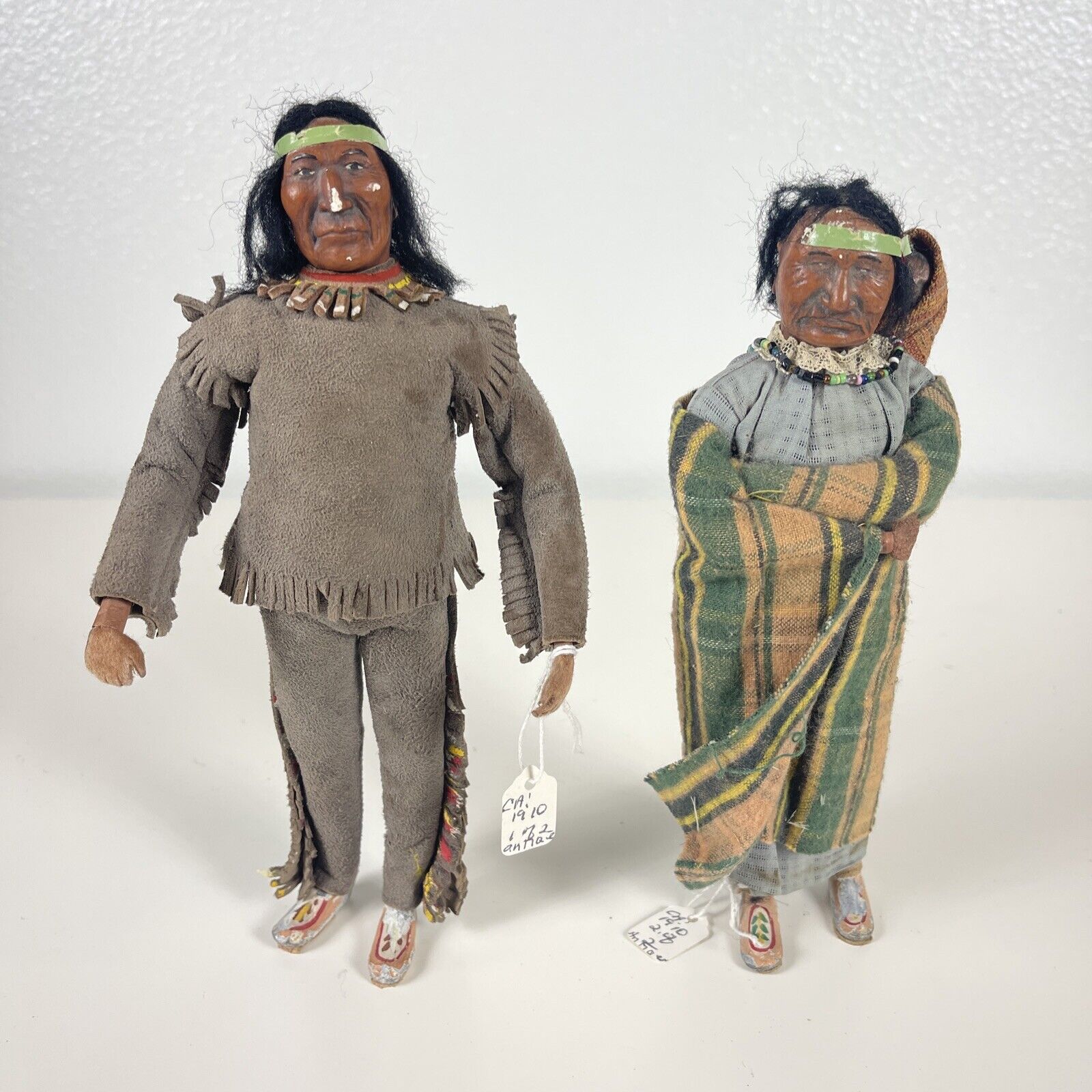 ATQ c1910 Native American Indian Couple Man Woman Baby Papoose 8” Dolls RARE