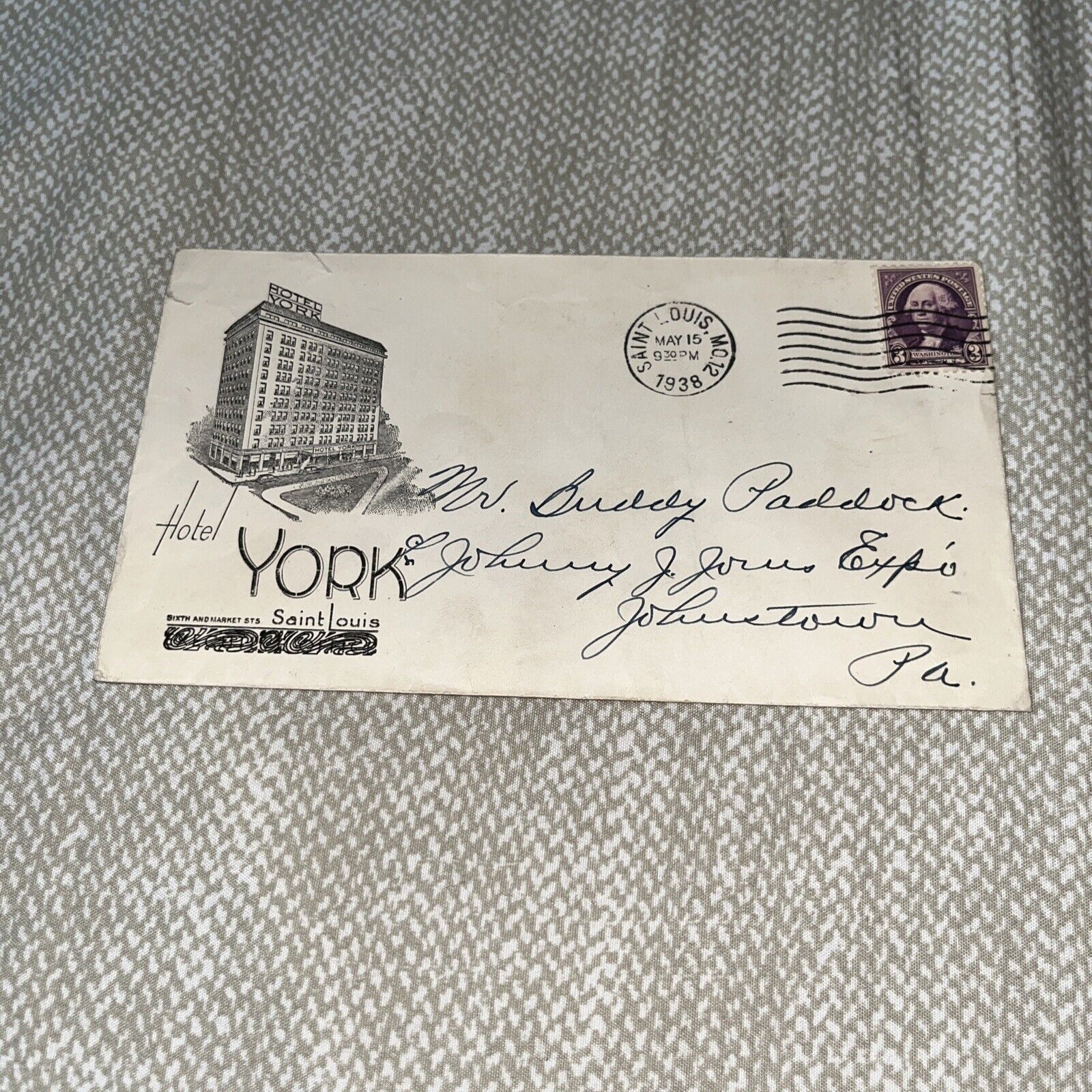 Antique 1938 Envelope - Hotel York Letterhead St Saint Louis MO Missouri History