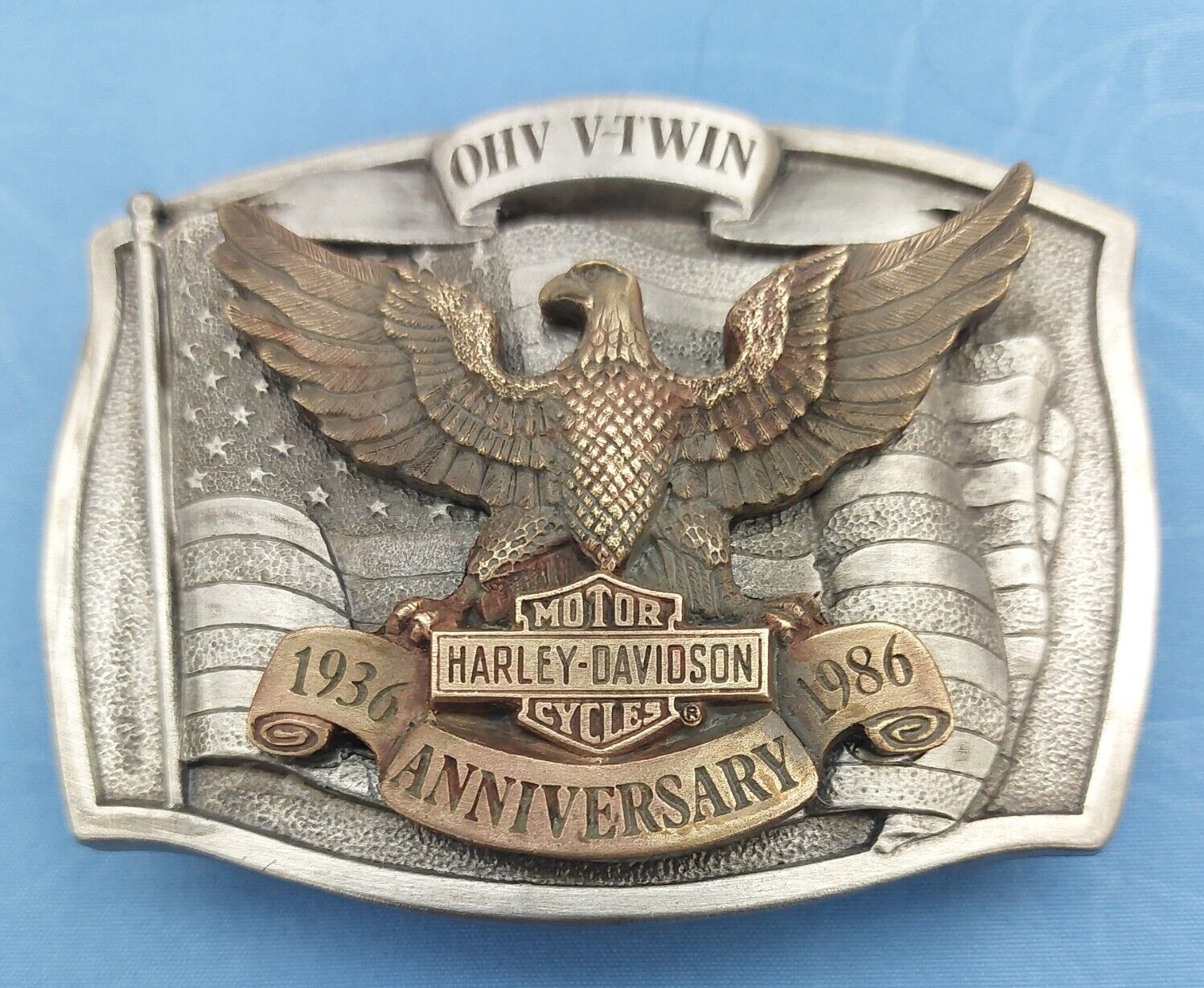 Harley Davidson 1986 50th Ann. OHV V-Twin Engine Belt Buckle Ltd Ed Of Only 3000