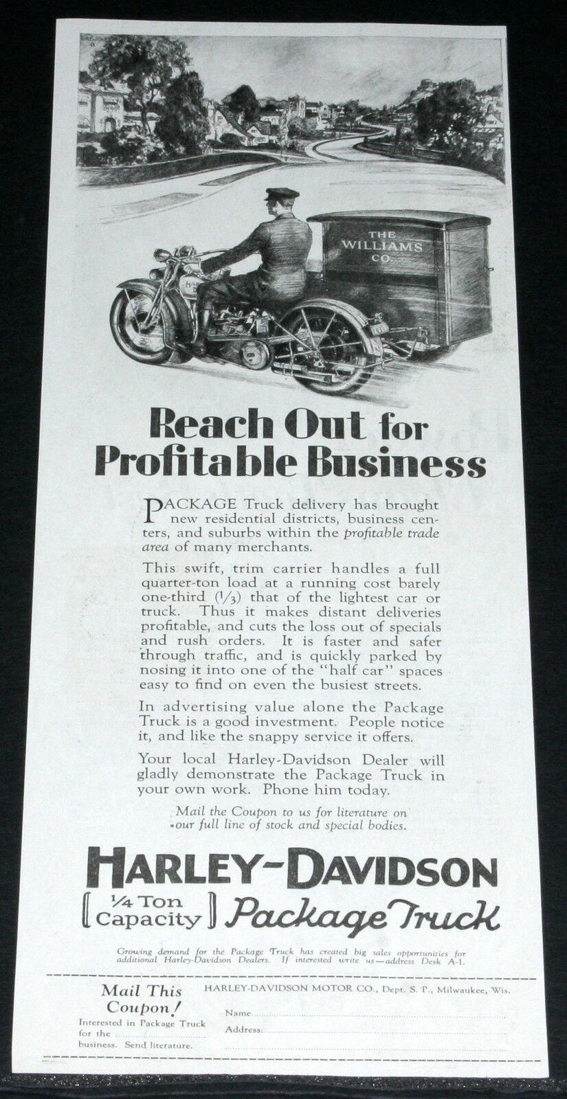 1929 OLD MAGAZINE PRINT AD, HARLEY-DAVIDSON PACKAGE TRUCK DELIVERY MOTORCYCLE