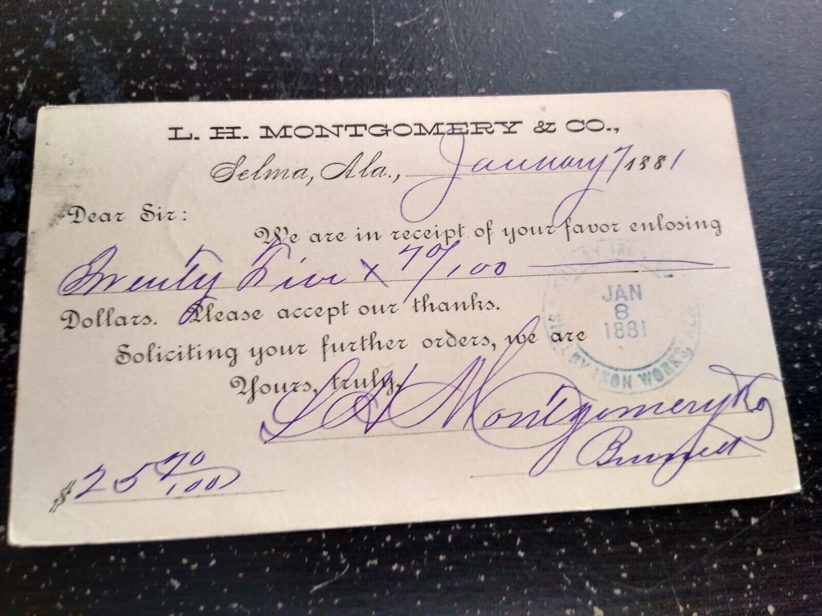 1881 LH Montgomery Co Selma AL Advertising Postcard