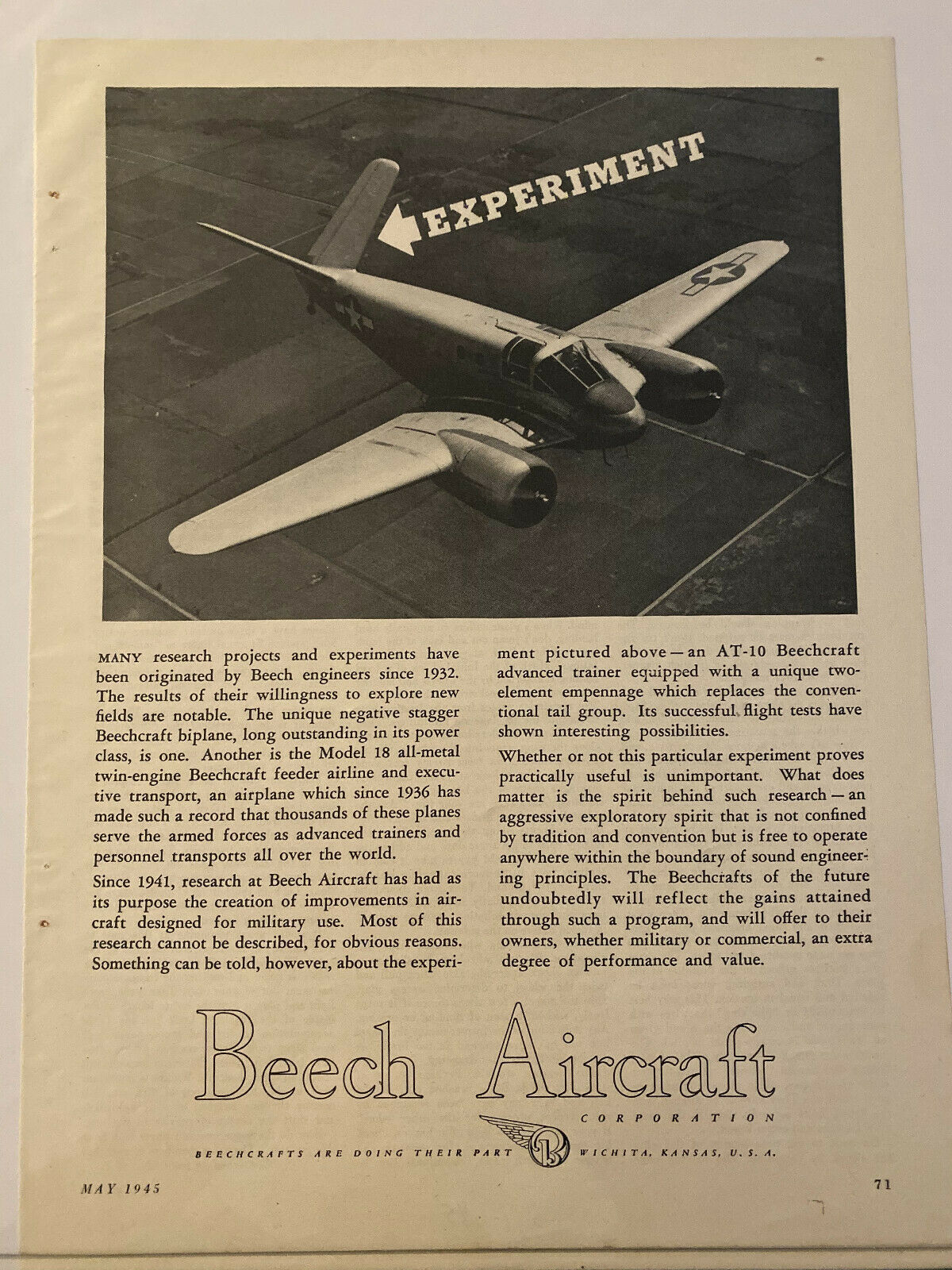 1945 Beech Aircraft Wichita KS AT-10 Military Airplane Vintage Magazine Print Ad