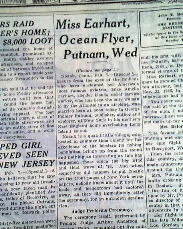 Woman Aviatrix AMELIA EARHART Marriage Weds George Putnam 1931 Chicago Newspaper