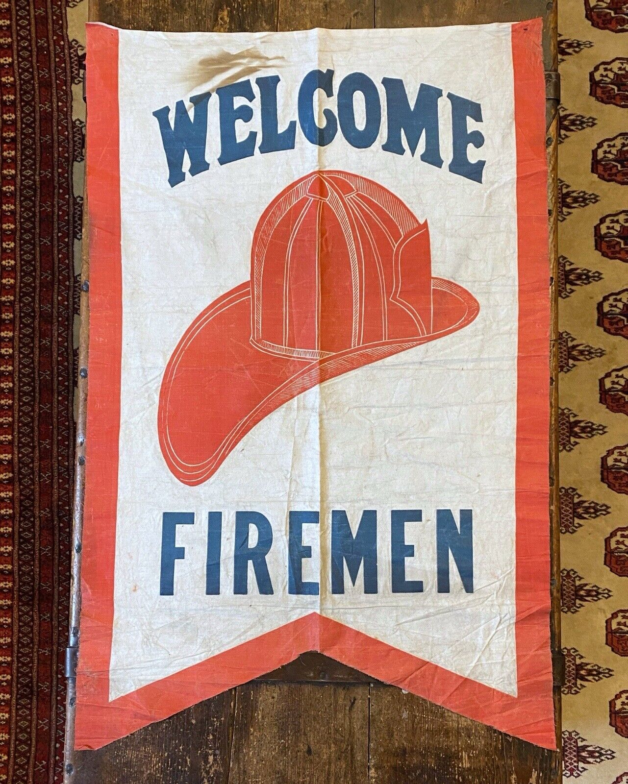 Vintage Fireman Welcome Sign Banner Flag Pennant Fire Station Helmet Antique