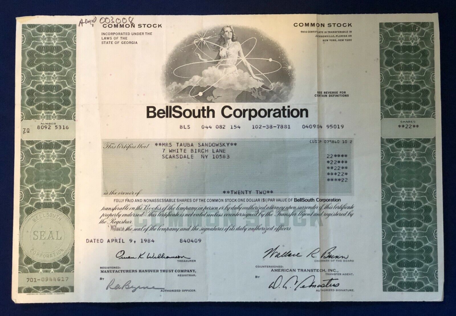 Vintage 1984 BELLSOUTH Corporation Stock Certificate, Wall Street, NYSE
