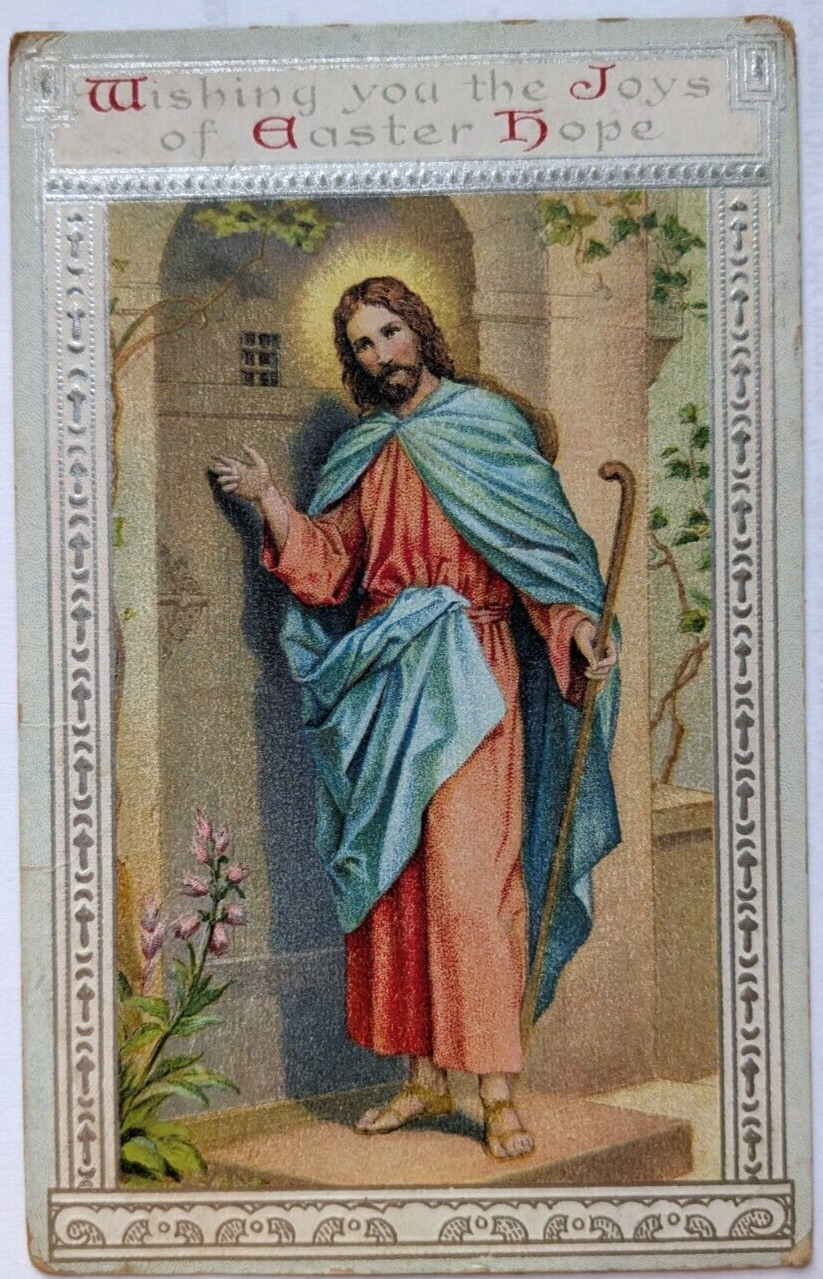 Vintage Antique Easter Postcard Jesus Religious Embossed Silver Gilt c1910s