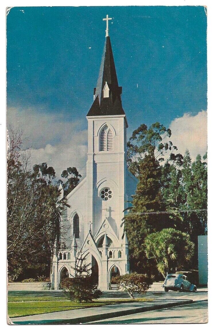 Santa Cruz California c1960 Holy Cross Church, vintage car