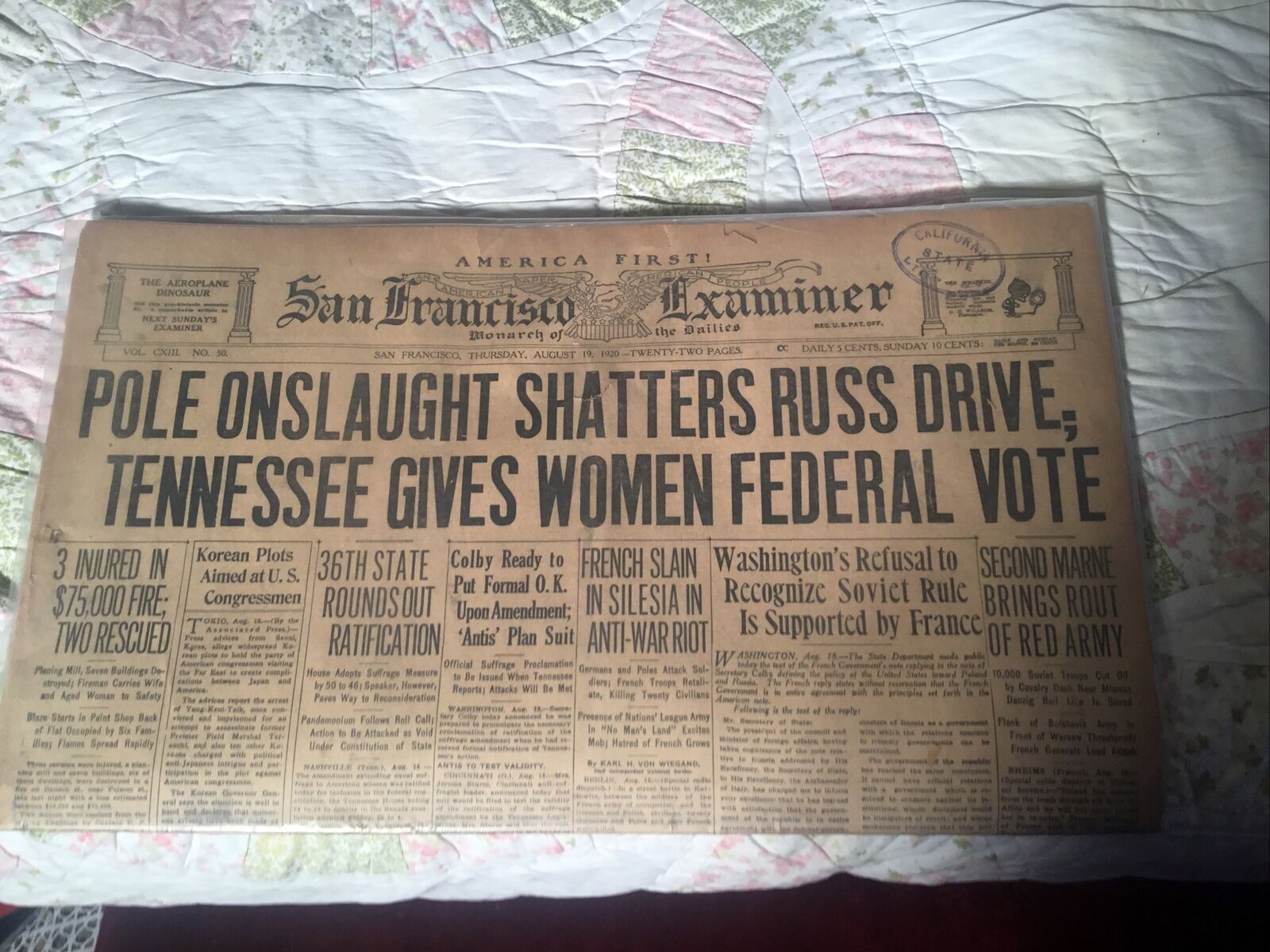 [RARE] ORIGINAL 1920 SAN FRANCISCO EXAMINER FULL NEWSPAPER WOMEN CAN VOTE SCARCE