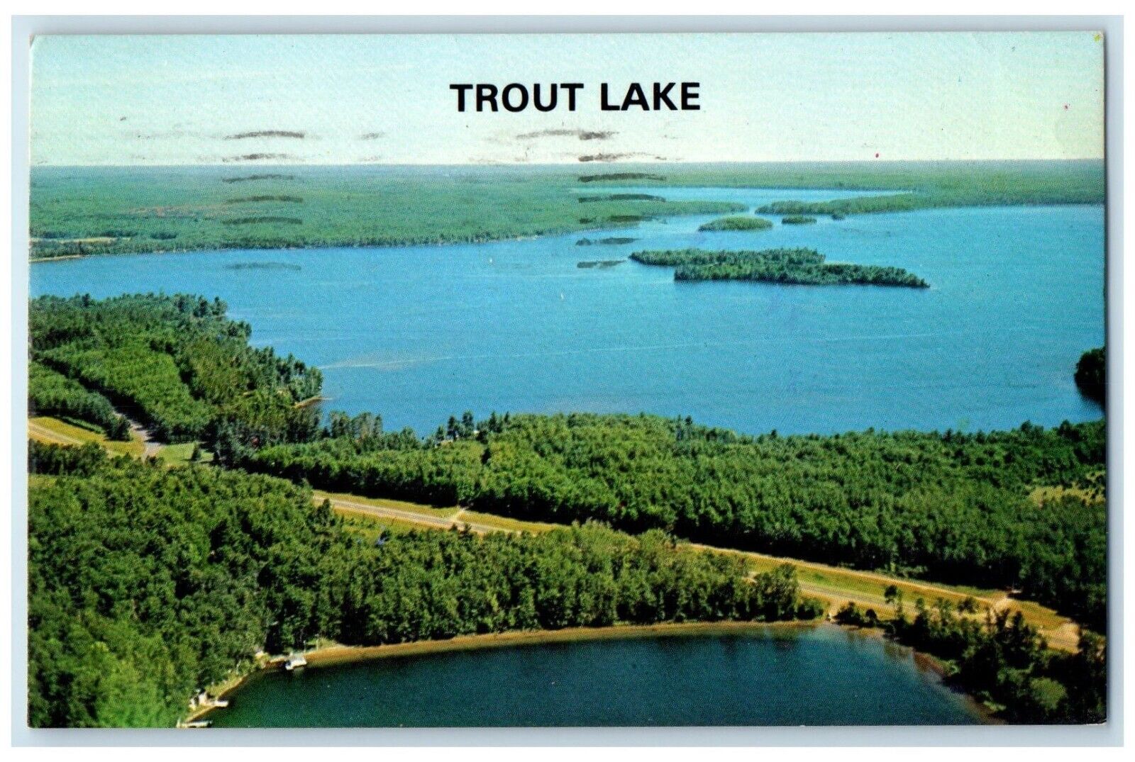 1956 Aerial View Northlands Finest Lakes Fishing Trout Lake Wisconsin Postcard