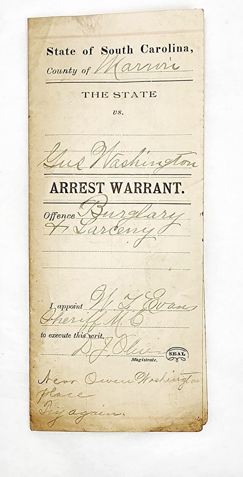 South Carolina 1897 Arrest Warrant  ORIGINAL 