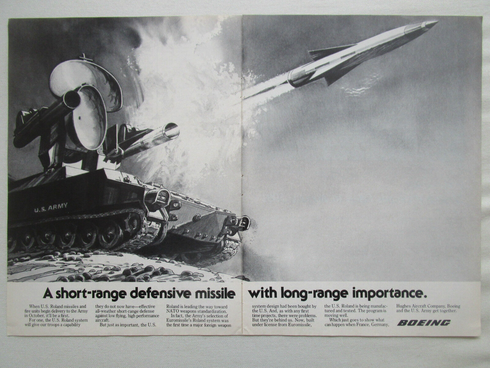 8/1977 PUB BOING US ARMY ROLAND ANTI AIRCRAFT MISSILE EUROMISSILE ORIGINAL AD