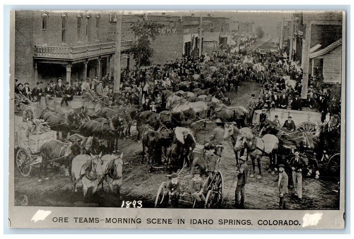 1940\'s 1893 Ore Teams Scene Horse Teams Idaho Springs CO RPPC Photo Postcard