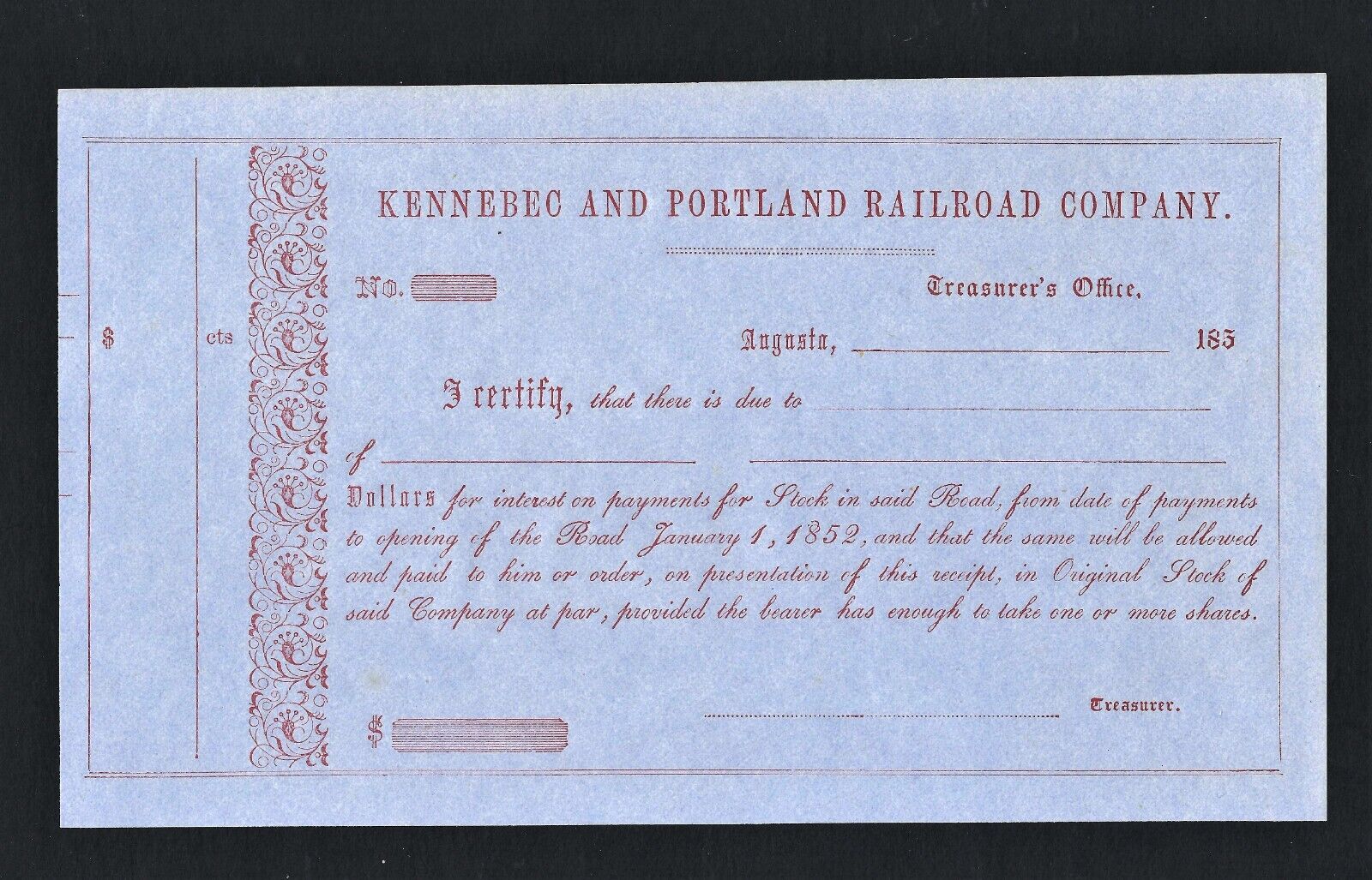 1850's Kennebec and Portland Railroad Company Stock Document