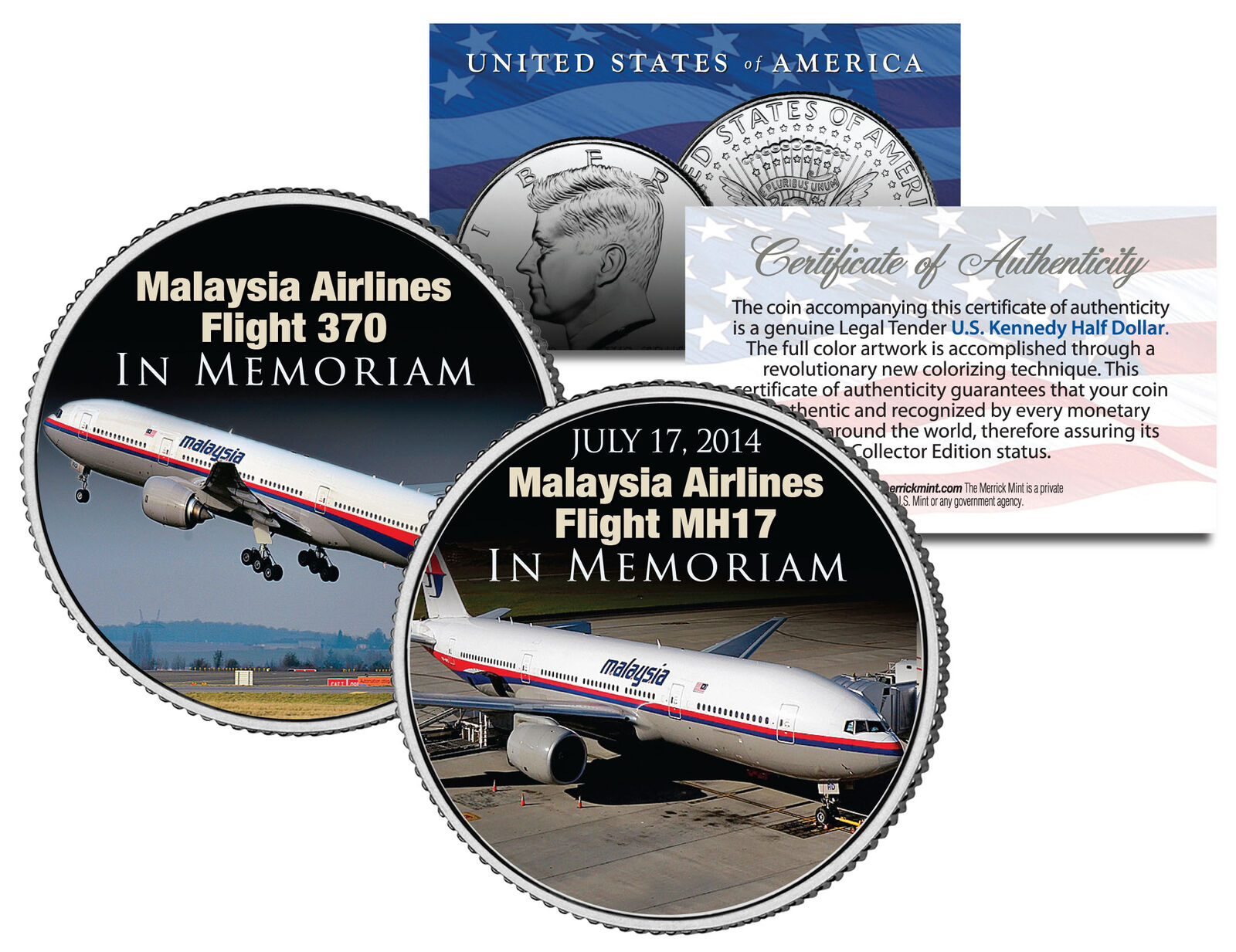 MALAYSIA AIRLINES FLIGHT 370 & MH17 In Memoriam JFK Half Dollar Colorized Coin
