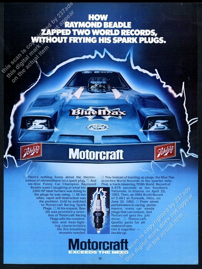 1984 Raymond Beadle Blue Max funny car photo Motorcraft spark plugs vtg print ad