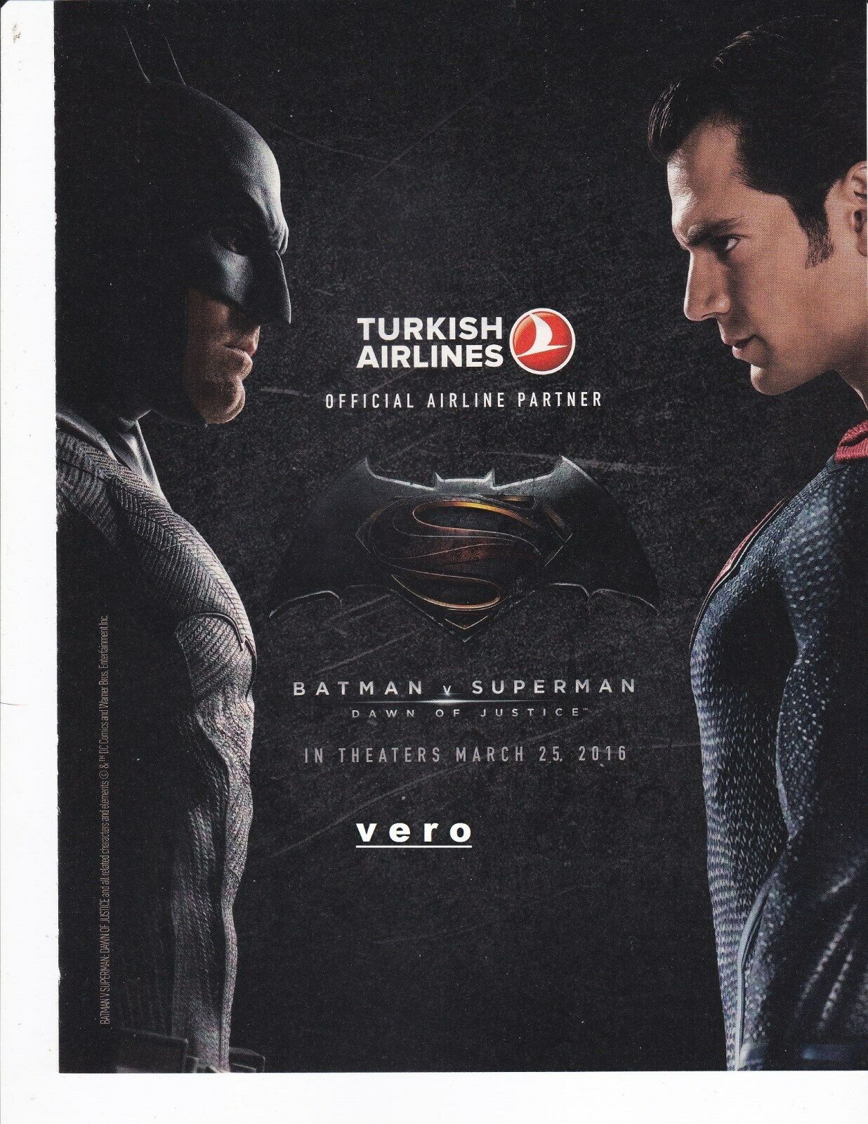 TURKISH airline magazine ad 2016 clipping print page vtg BATMAN v SUPERMAN 