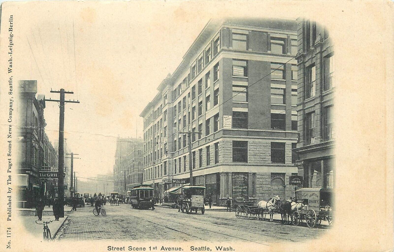 Postcard C-1905 Trolleys Washington Seattle Street Scene 1st Ave Puget 23-13100