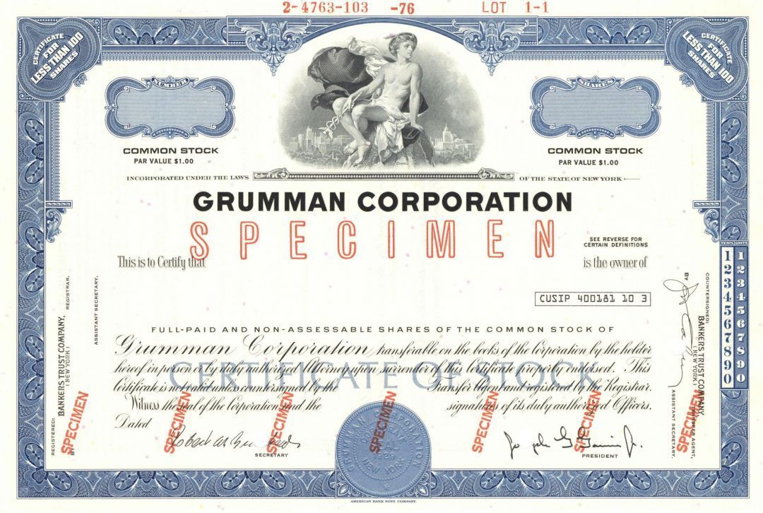 Grumman Corp. - Aviation Specimen Stock Certificate - Available in Blue, Brown o