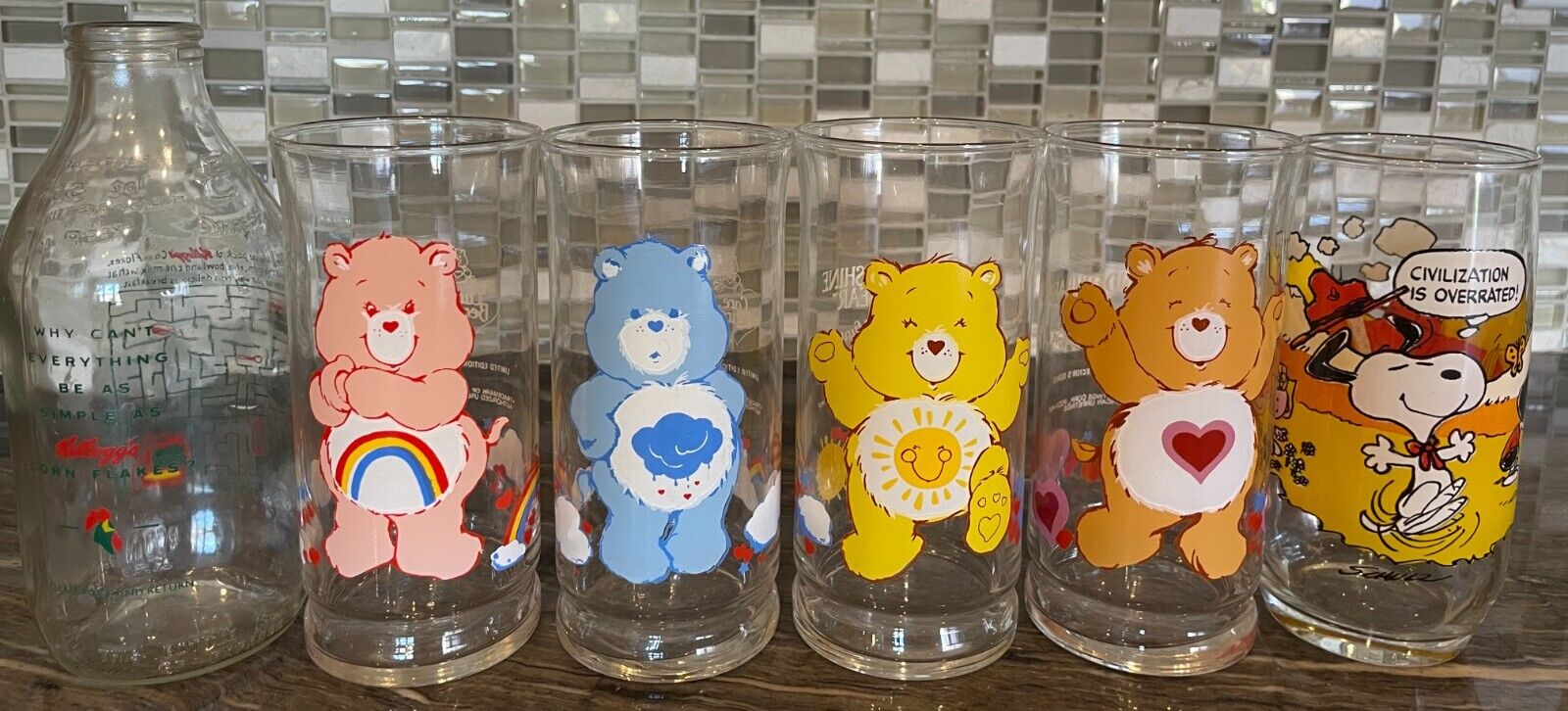 Care Bears 1983 Glasses Cheer Grumpy Funshine Peanuts Kellogg\'s Milk Bottle
