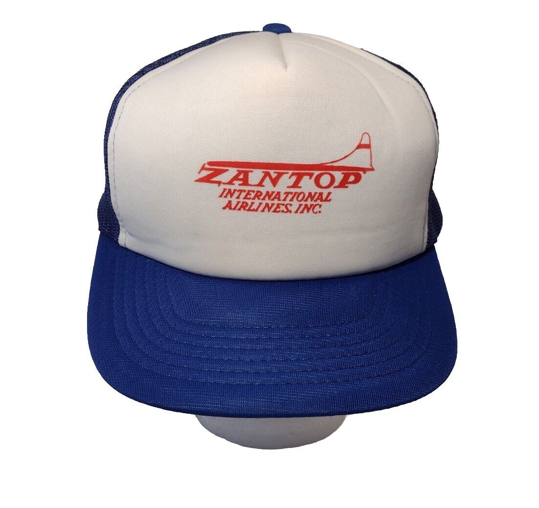 Zantop International Airlines Trucker Hat Snapback Cap Mesh Blue Baseball Vtg