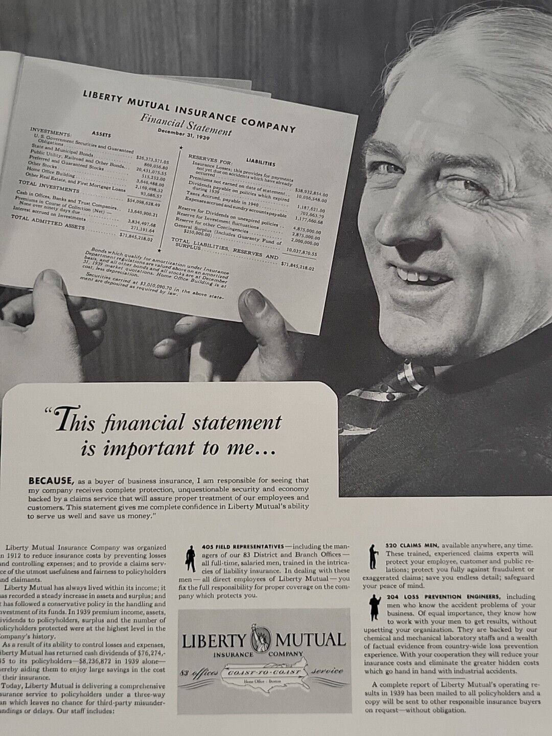 1940 Liberty Mutual Insurance Fortune Magazine WW2 Print Ad Financial Statement
