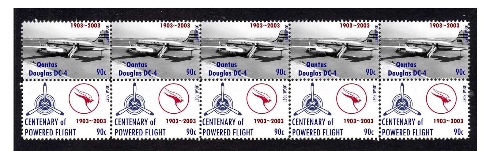 QANTAS CENTENARY OF FLIGHT STRIP OF 10 MINT VIGNETTE STAMPS, DOUGLAS DC-4