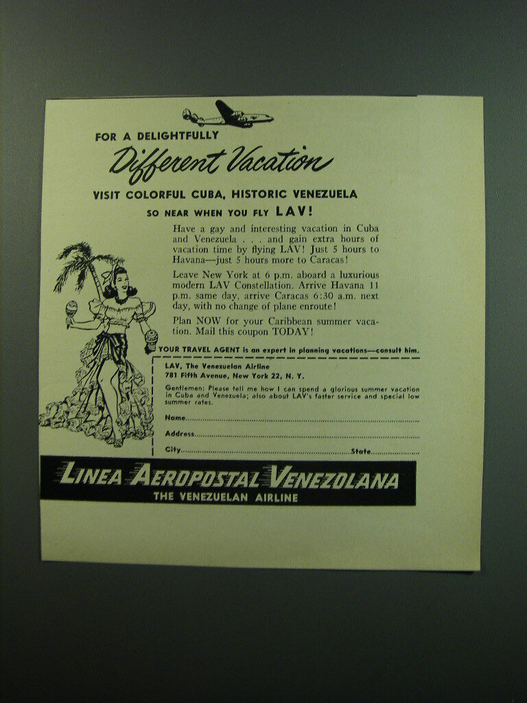 1949 Linea Aeropostal Venezolana LAV Airline Ad - delightfully different