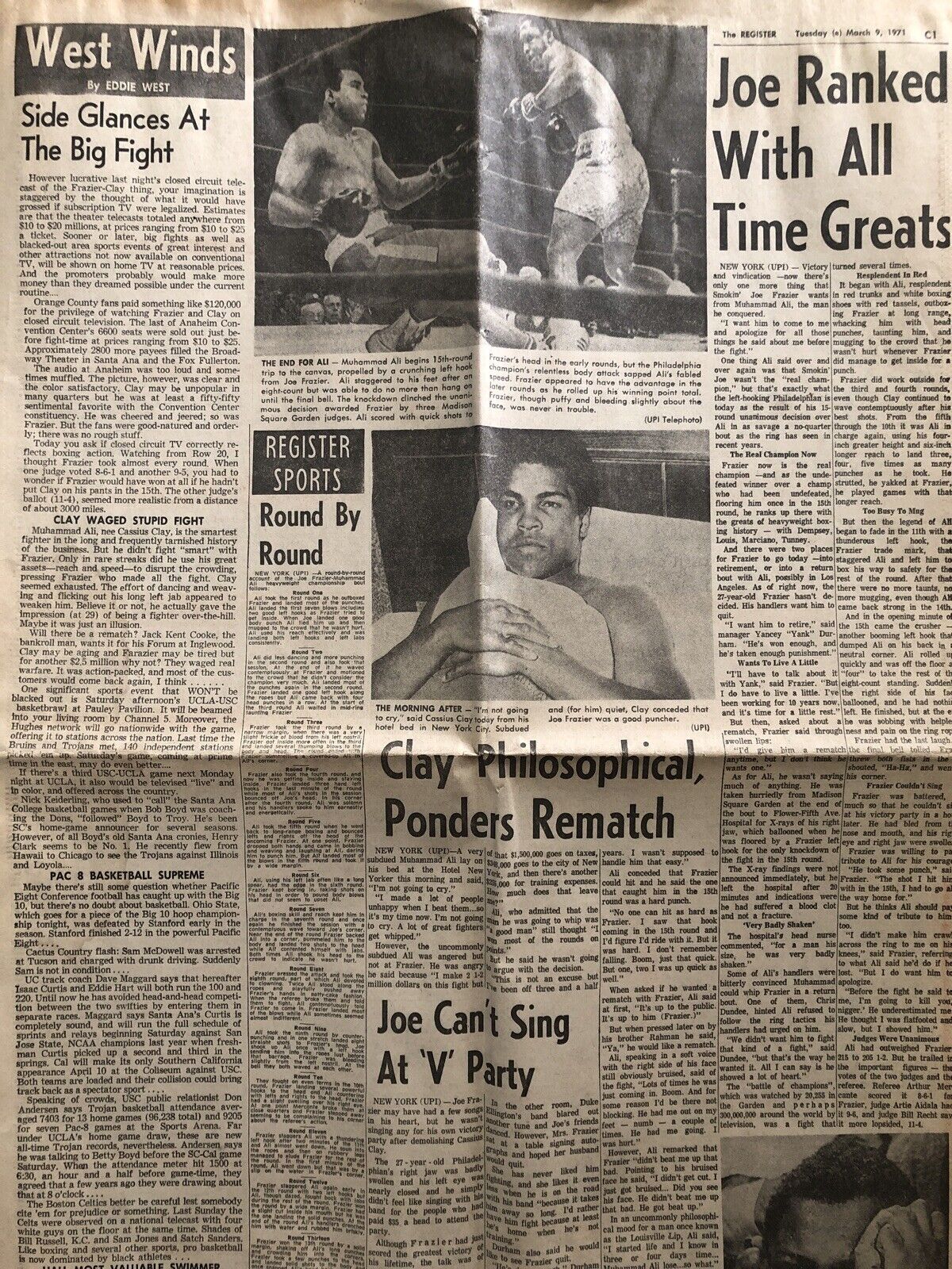 Joe Frazier Beats Muhammad Ali 1971 Original Newspaper Madison Square Garden MSG