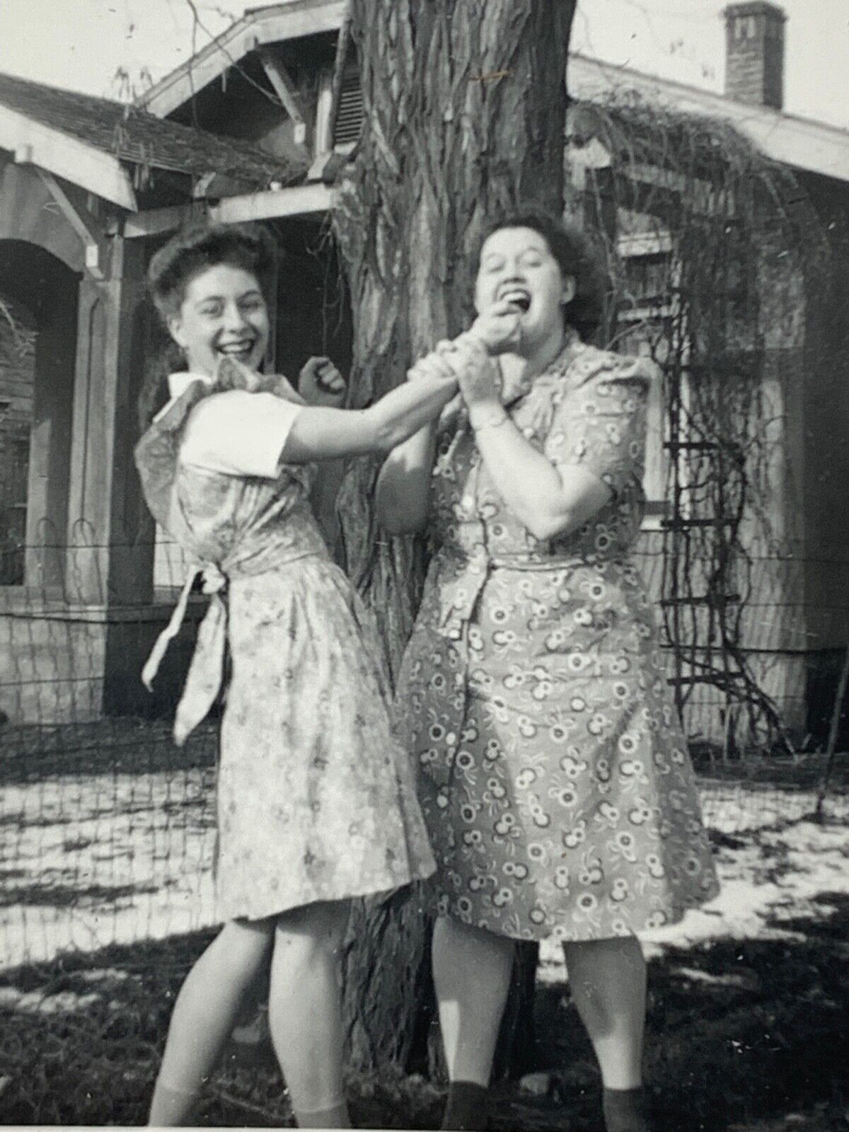 (AaF) FOUND PHOTO Photograph Snapshot Women Fighting Biting Hand Laughing 1945