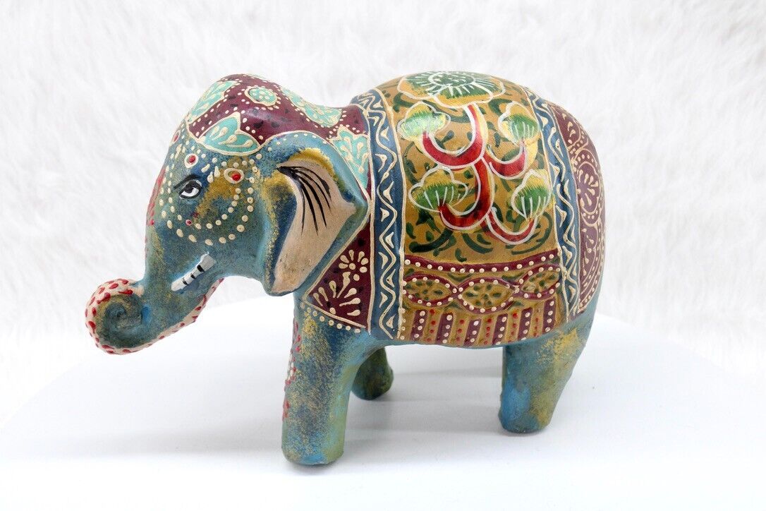 Eclectic India Elephant Ornate Hand Painted Good Luck Sculpture Trunk Up Boho