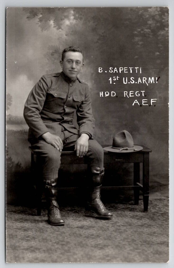 RPPC Handsome WW1 Soldier B Sapetti 1st US Army AEF Doughboy Photo Postcard D25