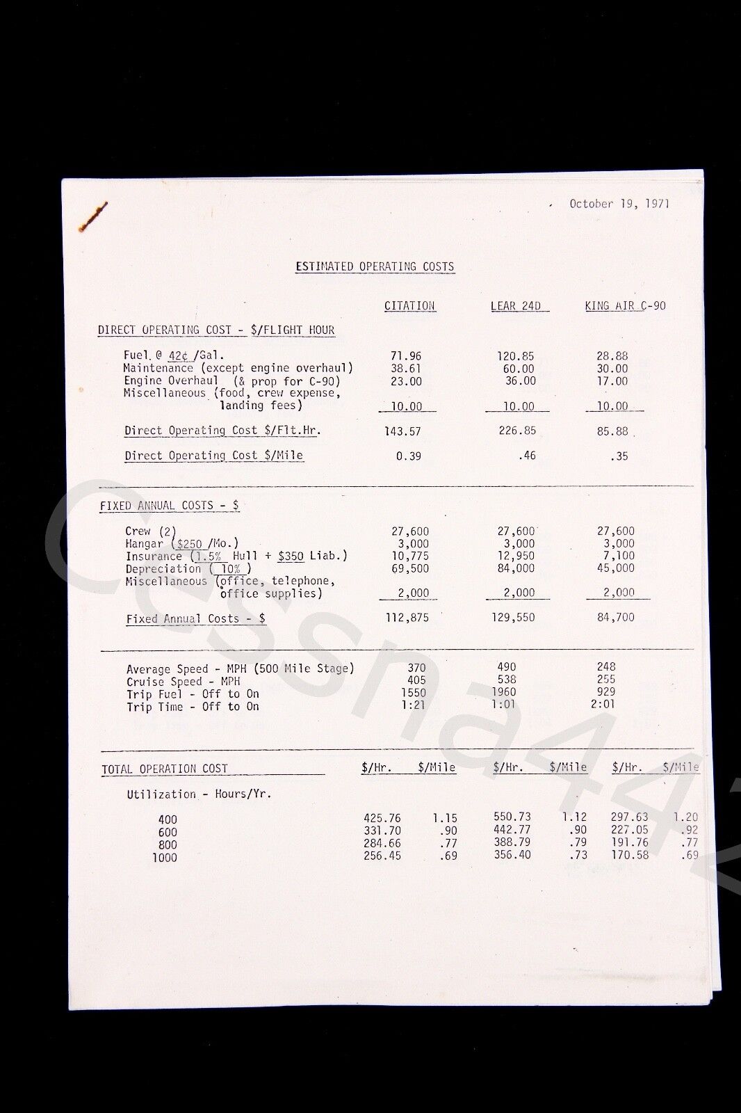 CESSNA Vintage Factory OEM 1971 Estimated Operating Costs Original USA 5 Pages