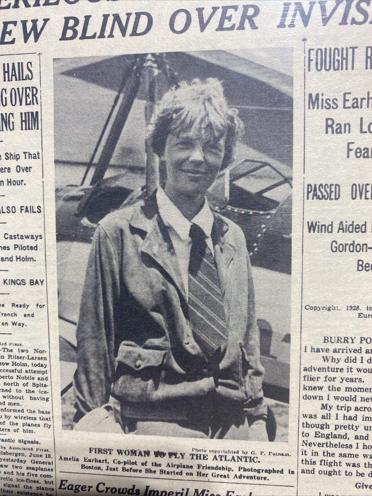 VINTAGE NEWSPAPER HEADLINE ~AMELIA EARHART 1st WOMAN TO FLY OVER ATLANTIC 1928
