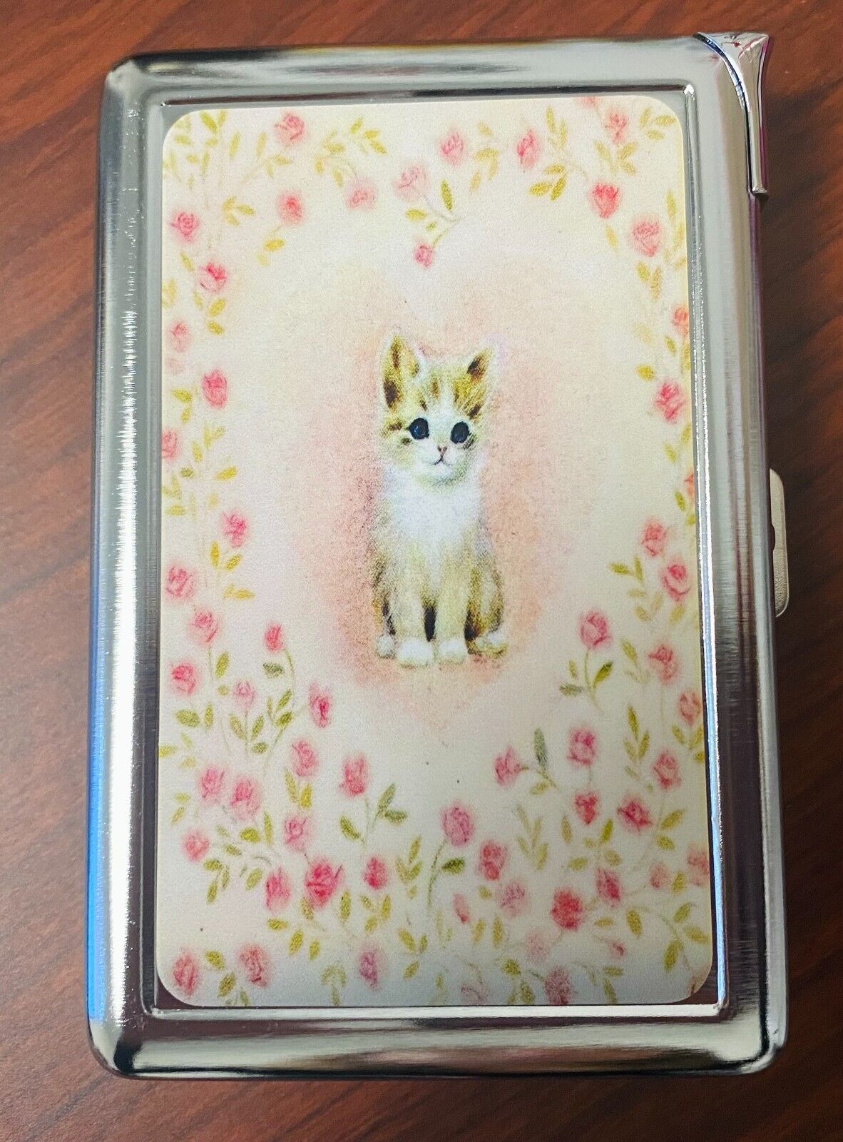 Vintage Heart Kitten C2 Image Cigarette Case with Built in Lighter Metal Wallet