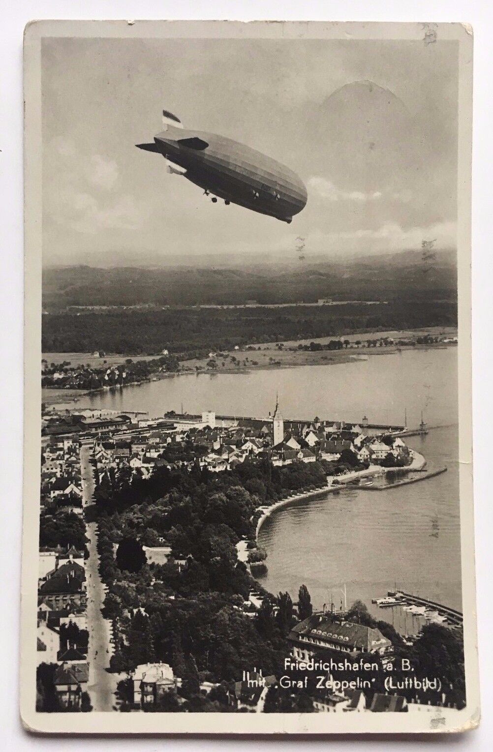 RPPC Postcard Friedrichshafen Germany Graf Zeppelin LZ127 aerial view city