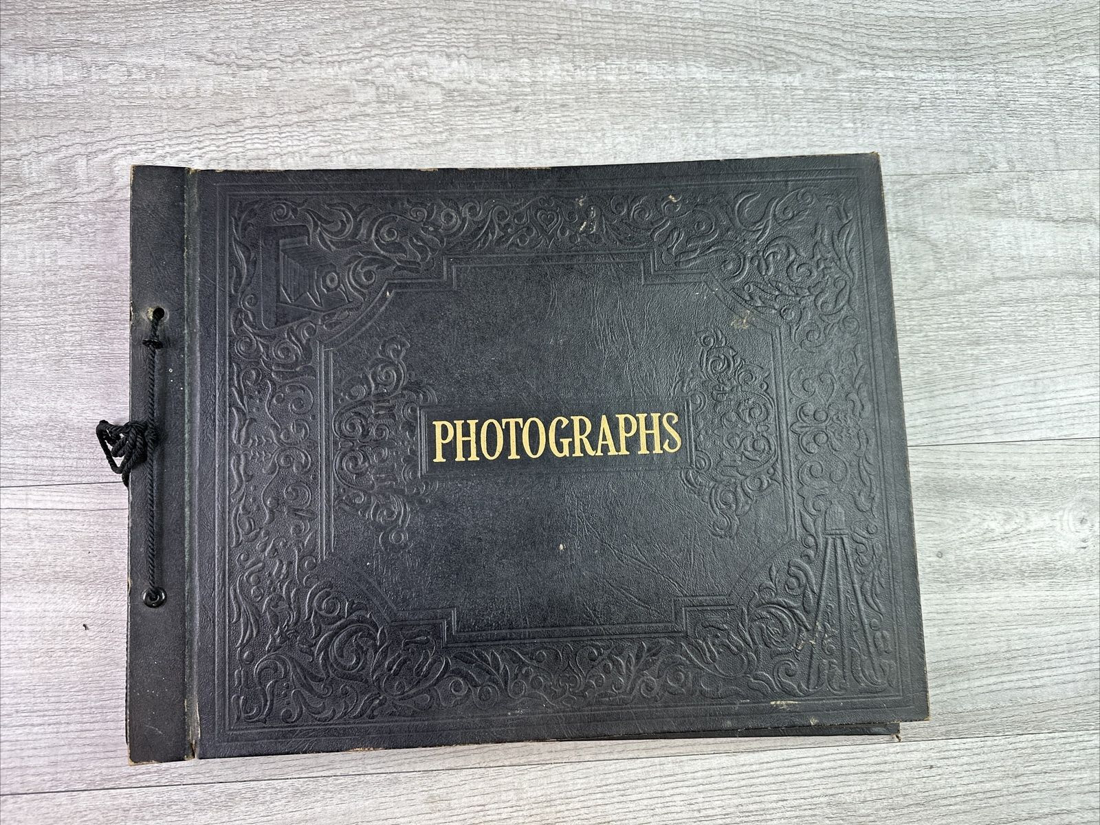 Vtg 1930-40's Photo Album Black, String Tied With 100 Photos And 2 Clippings