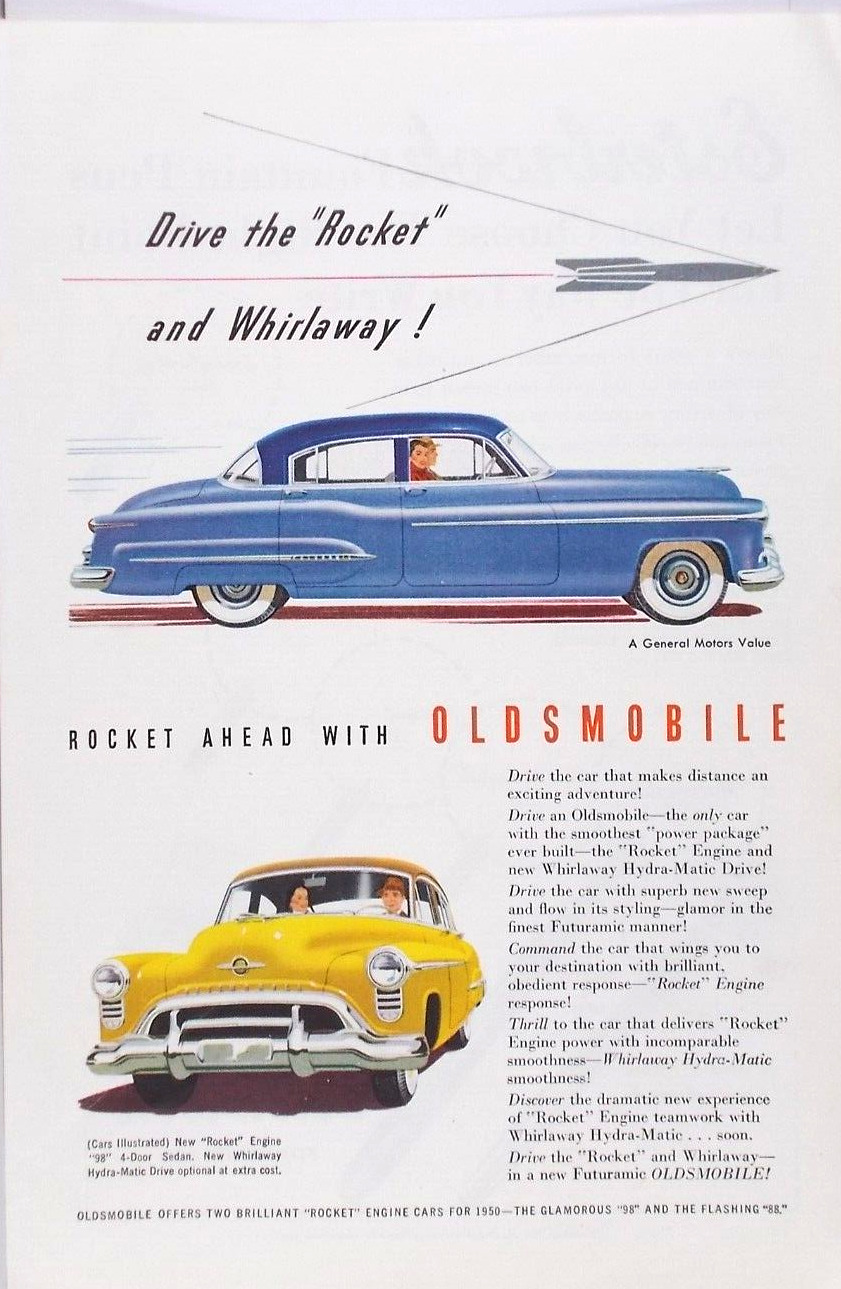 VINTAGE ADVERT CLASSIC OLDSMOBILE ROCKET & WHIRLAWAY AMERICAN MOTOR CAR c1950
