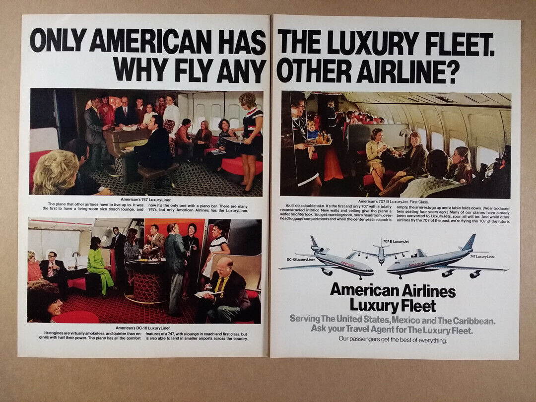 1972 American Airlines 747 Piano Bar DC-10 Lounge 707 1st Class vintage print Ad