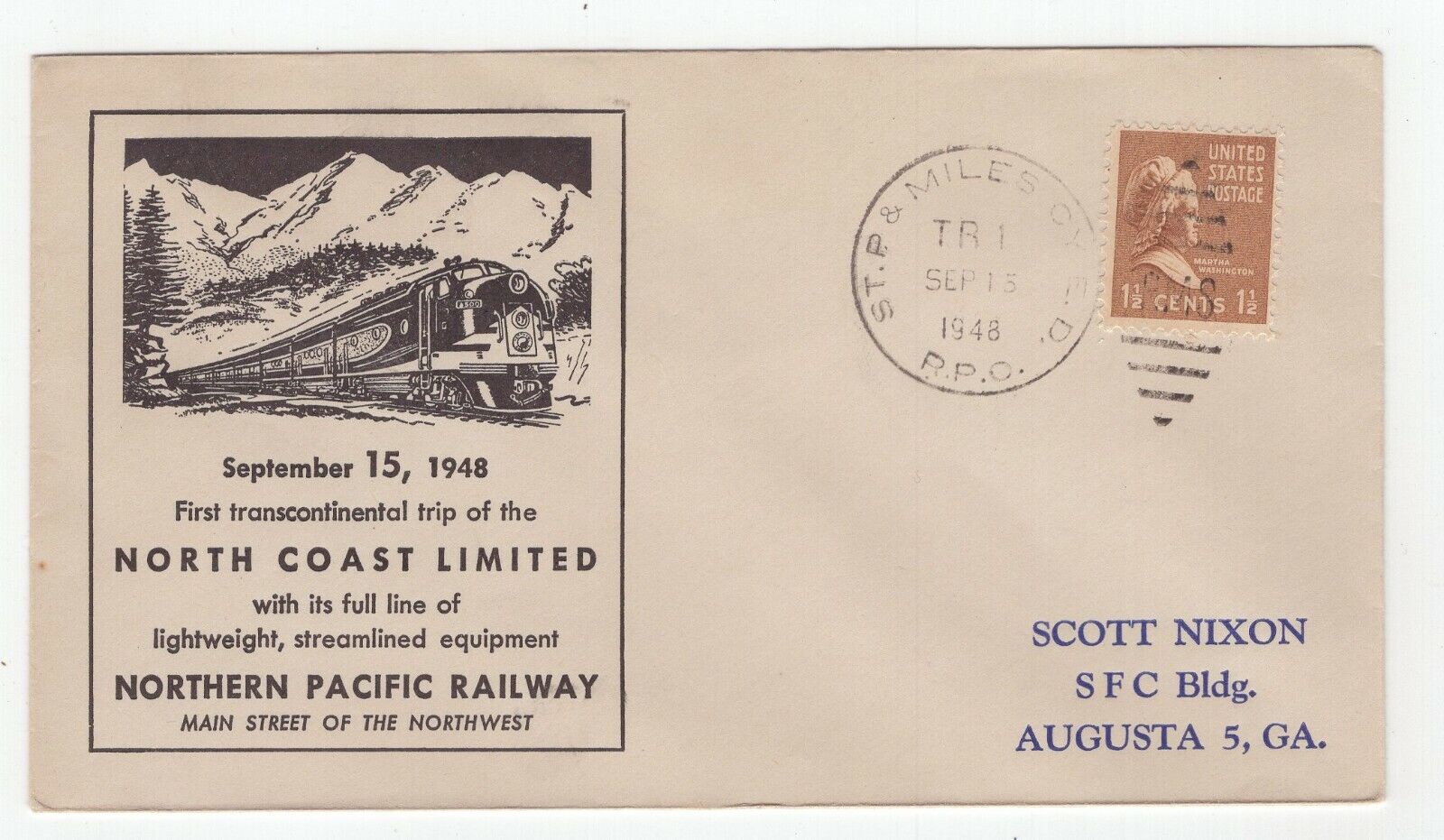 USA 1948 Railway FDC NORTH COAST LIMITED (Northern Pacific Railway) 