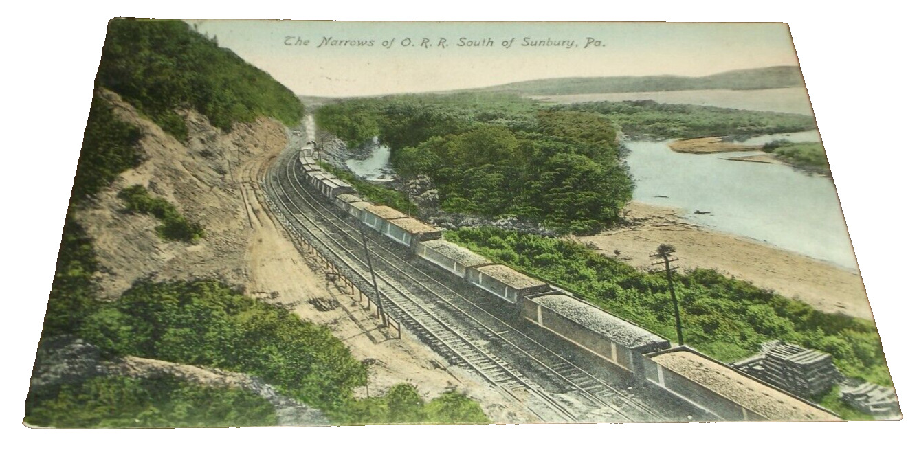 1908 PRR PENNSYLVANIA RAILROAD COAL TRAIN AT THE SUNBURY NARROWS POST CARD