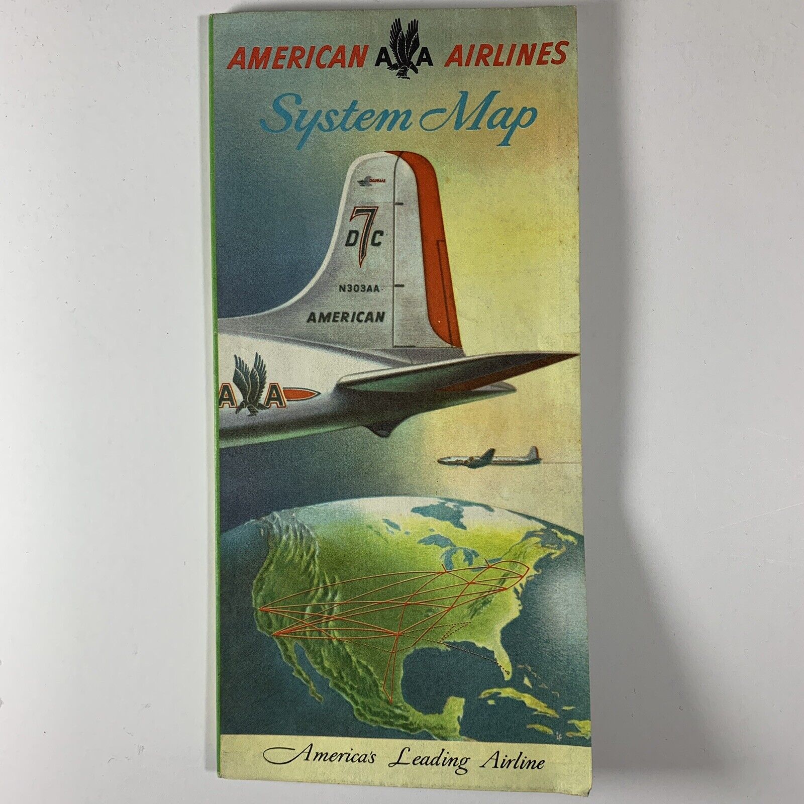 VINTAGE c1950’s AMERICAN AIRLINES SYSTEM fold-out MAP DC-7 FLAGSHIP & AIRCOACH
