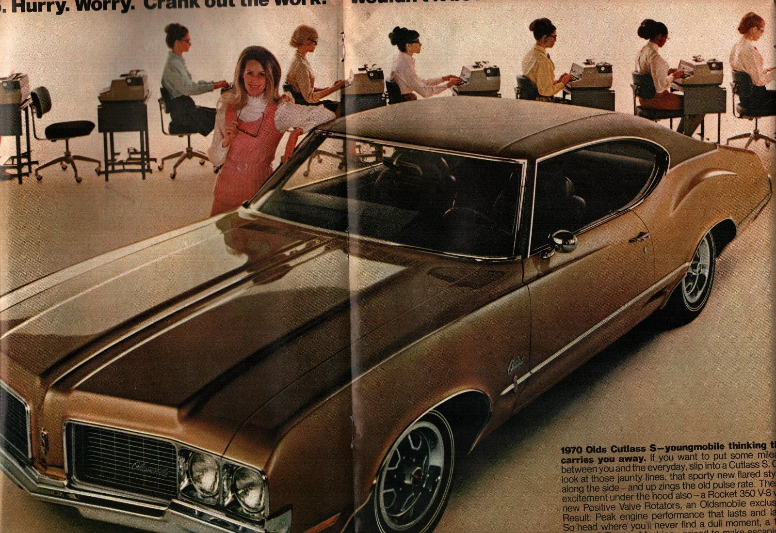 1970 Oldsmobile  Cutlass pretty women 9 to 5 Vintage 2 Page Original Print Ad c3