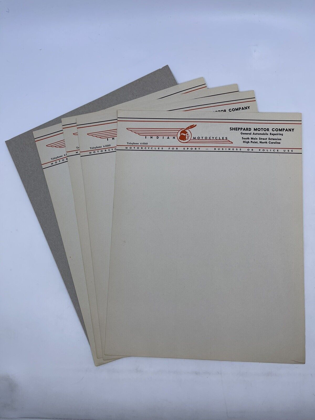 1940s Indian Motorcycle Letterhead 4 Sheets Sheppard Motor Co HIGH POINT NC RARE